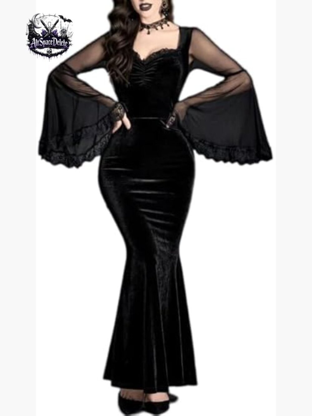 Velvet Mermaid Maxi Dress with Mesh Sleeves for Gothic Formal Events